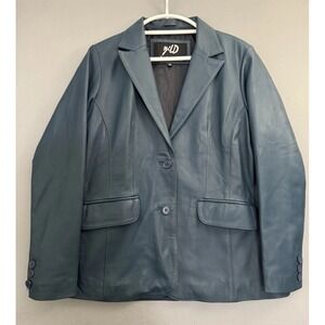 Jild Blue Teal Leather Jacket Womens XL (38-40) Sport Coat Blazer Retro 70s 80s